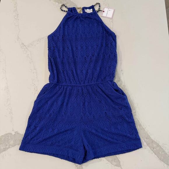 Bisou Bisou NWT Royal Blue Crochet HighNeck Gold Chain Romper Womens Size Medium - Picture 1 of 8